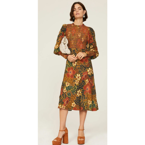 FARM Rio Dresses & Skirts - Farm Rio Medium Flowered Leopards Midi Dress Multicolored Mock Neck Long Sleeves